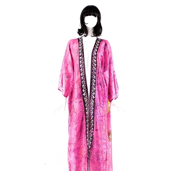 VTG 70's India Hand Blocked Long Silk Kimono - Picture 2 of 6